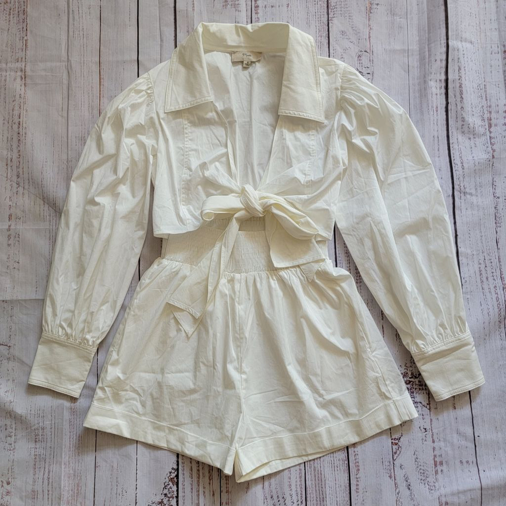 Mable Cutout Collared Tie Front Shirt Romper White Women's Small